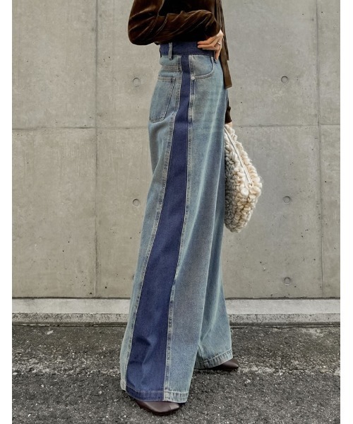低身長/高身長サイズ有]コットンデニムパネルワイドパンツ（デニム