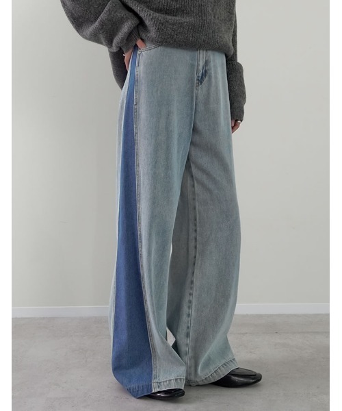 低身長/高身長サイズ有]コットンデニムパネルワイドパンツ（デニム