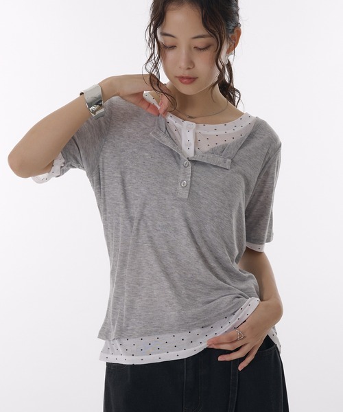 MUHET（ミュエータ）の「sheer henry neck layered t-shirt / シアーヘンリーネックレイヤードTシャツ（Tシャツ/カットソー・レディース・ブラック/グレー/杢グレー/ネイビー・FREE）」の3枚目の写真