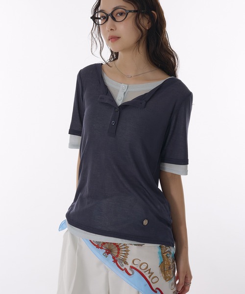 MUHET（ミュエータ）の「sheer henry neck layered t-shirt / シアーヘンリーネックレイヤードTシャツ（Tシャツ/カットソー・レディース・ブラック/グレー/杢グレー/ネイビー・FREE）」の4枚目の写真
