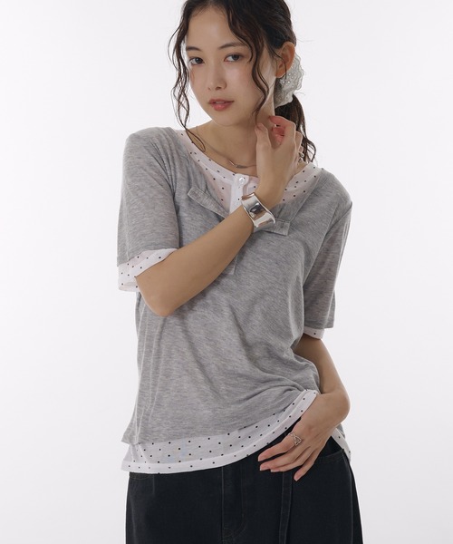 tシャツ sheer henry neck layered t-shirt / シアーヘンリーネックレイヤードTシャツ レディース sheer henry neck layered t-shirt / シアーヘンリーネック