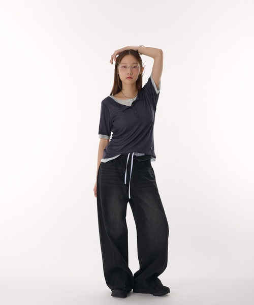 MUHET（ミュエータ）の「sheer henry neck layered t-shirt / シアーヘンリーネックレイヤードTシャツ（Tシャツ/カットソー・レディース・ブラック/グレー/杢グレー/ネイビー・FREE）」の16枚目の写真