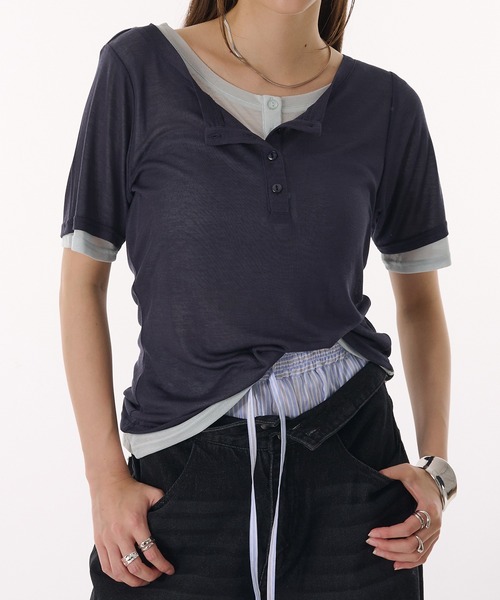 MUHET（ミュエータ）の「sheer henry neck layered t-shirt / シアーヘンリーネックレイヤードTシャツ（Tシャツ/カットソー・レディース・ブラック/グレー/杢グレー/ネイビー・FREE）」の14枚目の写真