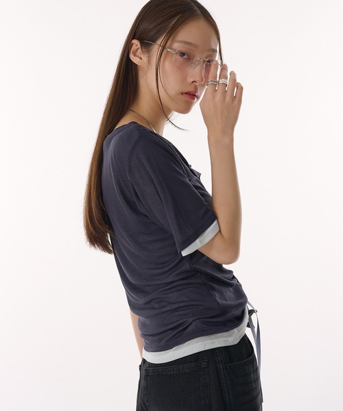 muhet シアーヘンリーネックレイヤードロングTシャツ ネイビー sheer henry neck layered long sleeve t-shirt / シアー