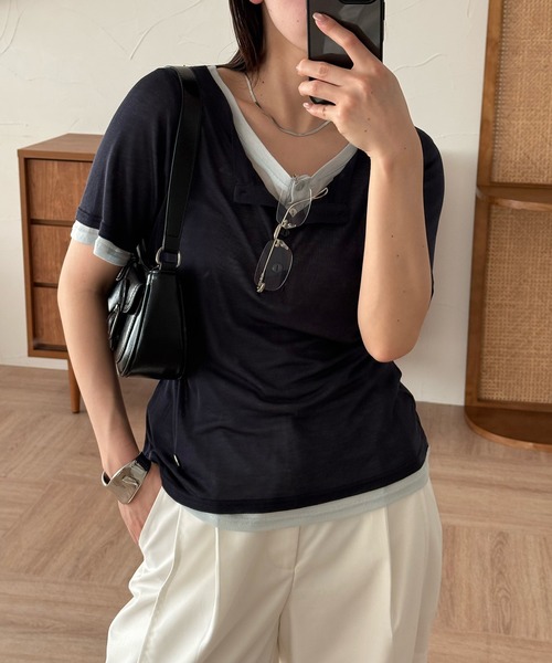 MUHET（ミュエータ）の「sheer henry neck layered t-shirt