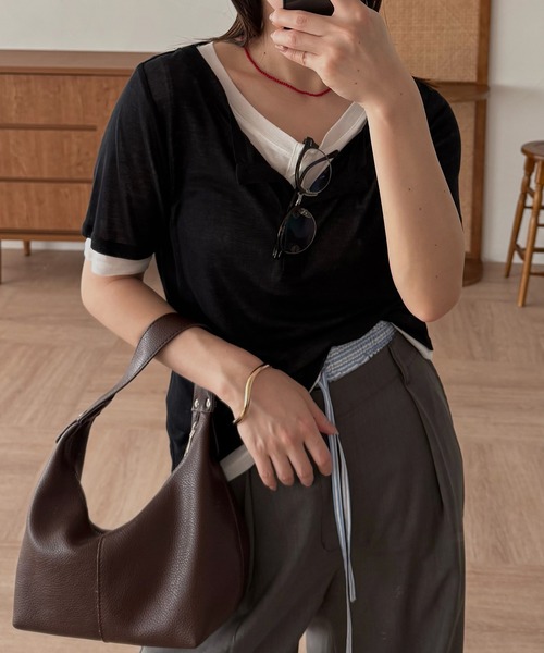 MUHET（ミュエータ）の「sheer henry neck layered t-shirt / シアーヘンリーネックレイヤードTシャツ（Tシャツ/カットソー・レディース・ブラック/グレー/杢グレー/ネイビー・FREE）」の22枚目の写真