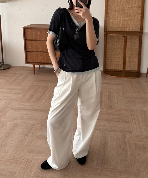 MUHET（ミュエータ）の「sheer henry neck layered t-shirt / シアーヘンリーネックレイヤードTシャツ（Tシャツ/カットソー・レディース・ブラック/グレー/杢グレー/ネイビー・FREE）」の11枚目の写真