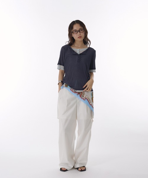 muhet シアーヘンリーネックレイヤードロングTシャツ ネイビー sheer henry neck layered long sleeve t-shirt / シアー