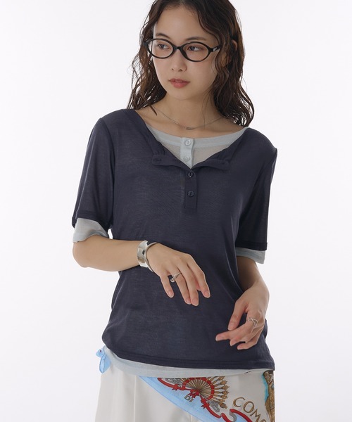 sheer henry neck layered t-shirt / シアーヘンリーネックレイヤードT