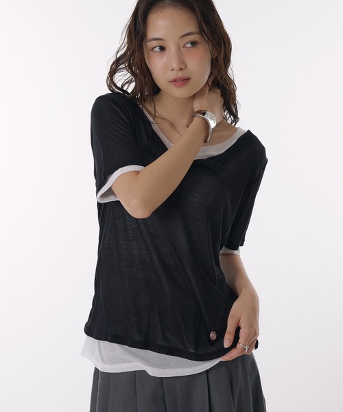 sheer henry neck layered t-shirt / シアーヘンリーネック
