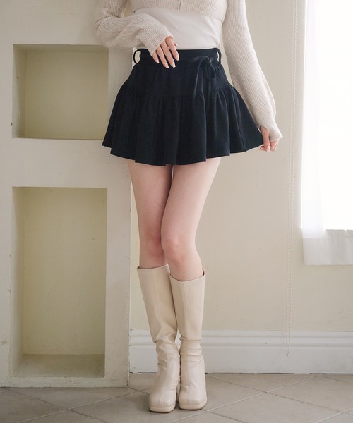 fupel(フぺル)の「Lined ribbon ruffle skirt /裏毛リボンフリルミニスカート(setup対応可)(スカート・レディース・ブラック/グレー・FREE)」の1枚目の写真