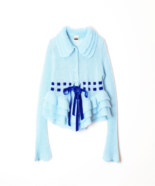 HOLIDAY（ホリデイ）の「MOHAIR BLEND RIBBON RUFFLE KNIT CARDIGAN モヘアブレンドリボンラッフルニットカーディガン（ニット/セーター・レディース・ブルー/ピンク・ONE SIZE）」の2枚目の写真