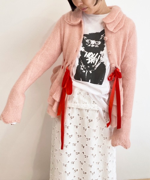 HOLIDAY（ホリデイ）の「MOHAIR BLEND RIBBON RUFFLE KNIT CARDIGAN モヘアブレンドリボンラッフルニットカーディガン（ニット/セーター・レディース・ブルー/ピンク・ONE SIZE）」の7枚目の写真