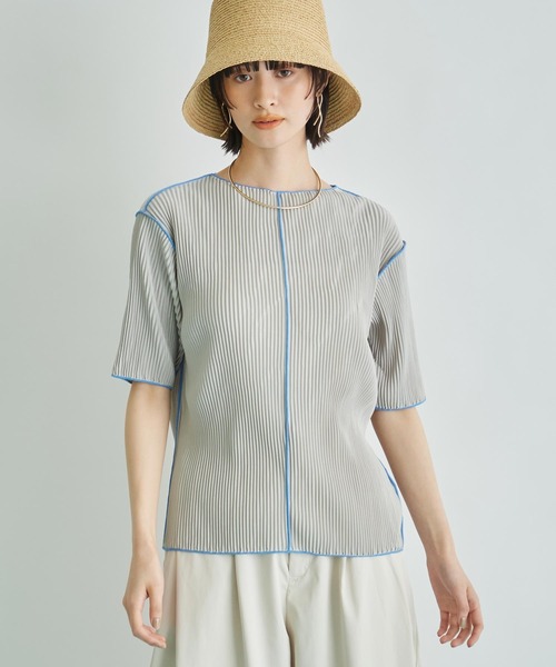 Settimissimo（セッティミッシモ）の「プリーツ 配色 メロー ハーフ スリーブ プルオーバー（Tシャツ/カットソー・レディース・ブラック/グレー/ベージュ・FREE）」の17枚目の写真