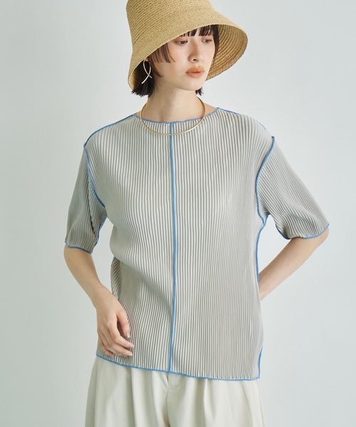 Settimissimo（セッティミッシモ）の「プリーツ 配色 メロー ハーフ スリーブ プルオーバー（Tシャツ/カットソー・レディース・ブラック/グレー/ベージュ・FREE）」の18枚目の写真