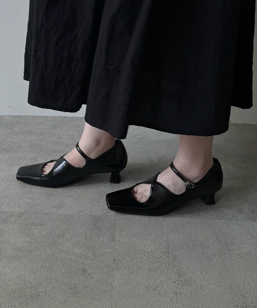 POMUM&ARTS スクエアトゥ メリージェーン パンプス 23.5 ブラック square toe maryjane pumps / スクエアトゥ メリージェーン