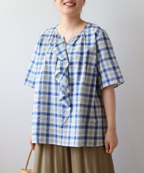ブラウス シャツ 「L〜6L 大きいサイズ」マドラスチェックラッフルフリルブラウス 半袖 春夏 レディース セール】【L～6L 大きいサイズ】マドラスチェックラッフルフリル
