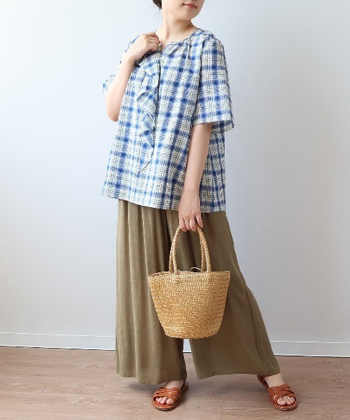 ブラウス シャツ 「L〜6L 大きいサイズ」マドラスチェックラッフルフリルブラウス 半袖 春夏 レディース セール】【L～6L 大きいサイズ】マドラスチェックラッフルフリル