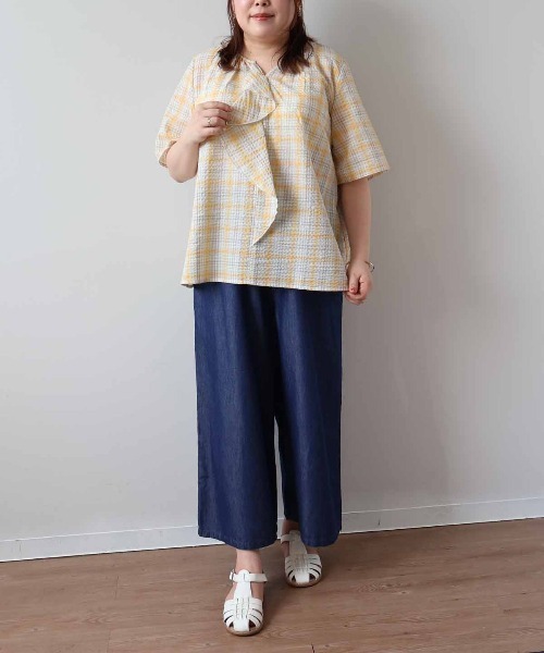 ブラウス シャツ 「L〜6L 大きいサイズ」マドラスチェックラッフルフリルブラウス 半袖 春夏 レディース セール】【L～6L 大きいサイズ】マドラスチェックラッフルフリル