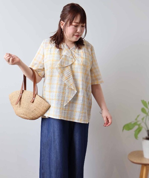 ブラウス シャツ 「L〜6L 大きいサイズ」マドラスチェックラッフルフリルブラウス 半袖 春夏 レディース セール】【L～6L 大きいサイズ】マドラスチェックラッフルフリル