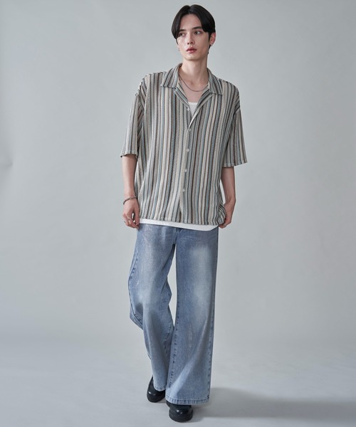 BROWNY（ブラウニー）の「BROWNY/ストライプメッシュBIGシャツ（シャツ/ブラウス・メンズ・チャコール/オフホワイト/グレー・MEDIUM/LARGE）」の5枚目の写真