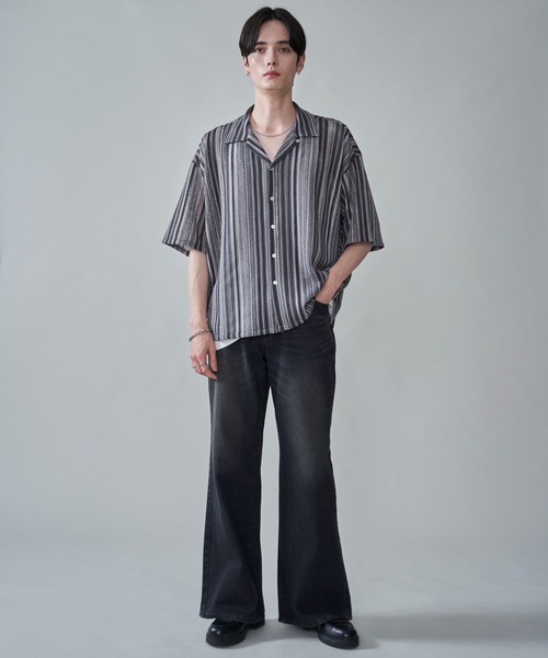 BROWNY（ブラウニー）の「BROWNY/ストライプメッシュBIGシャツ（シャツ/ブラウス・メンズ・チャコール/オフホワイト/グレー・MEDIUM/LARGE）」の6枚目の写真