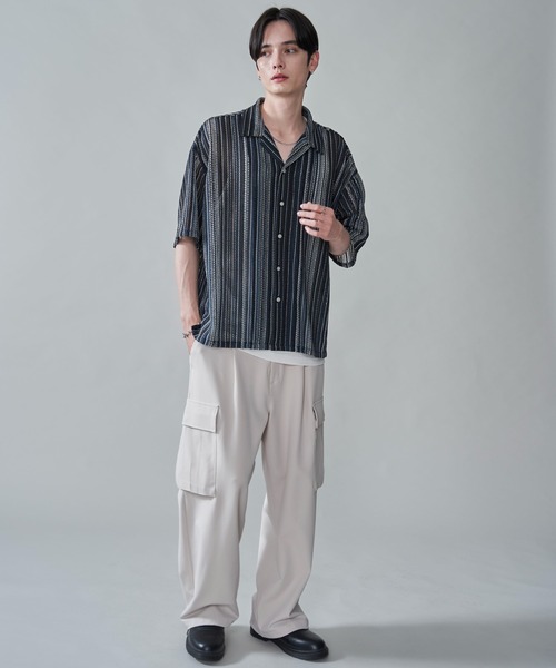 BROWNY（ブラウニー）の「BROWNY/ストライプメッシュBIGシャツ（シャツ/ブラウス・メンズ・チャコール/オフホワイト/グレー・MEDIUM/LARGE）」の7枚目の写真