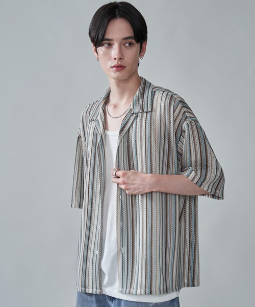 BROWNY（ブラウニー）の「BROWNY/ストライプメッシュBIGシャツ（シャツ/ブラウス・メンズ・チャコール/オフホワイト/グレー・MEDIUM/LARGE）」の11枚目の写真