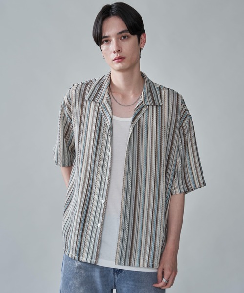 BROWNY（ブラウニー）の「BROWNY/ストライプメッシュBIGシャツ（シャツ/ブラウス・メンズ・チャコール/オフホワイト/グレー・MEDIUM/LARGE）」の12枚目の写真