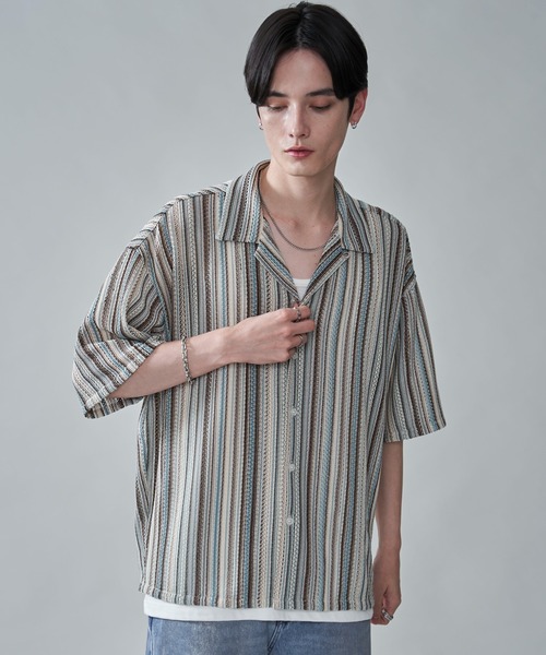 BROWNY（ブラウニー）の「BROWNY/ストライプメッシュBIGシャツ（シャツ/ブラウス・メンズ・チャコール/オフホワイト/グレー・MEDIUM/LARGE）」の13枚目の写真