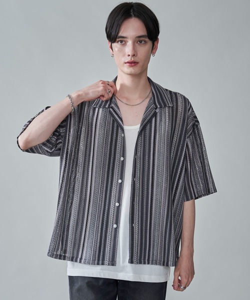 BROWNY（ブラウニー）の「BROWNY/ストライプメッシュBIGシャツ（シャツ/ブラウス・メンズ・チャコール/オフホワイト/グレー・MEDIUM/LARGE）」の18枚目の写真