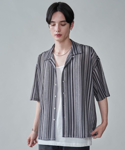 BROWNY（ブラウニー）の「BROWNY/ストライプメッシュBIGシャツ（シャツ/ブラウス・メンズ・チャコール/オフホワイト/グレー・MEDIUM/LARGE）」の19枚目の写真