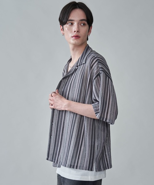 BROWNY（ブラウニー）の「BROWNY/ストライプメッシュBIGシャツ（シャツ/ブラウス・メンズ・チャコール/オフホワイト/グレー・MEDIUM/LARGE）」の20枚目の写真