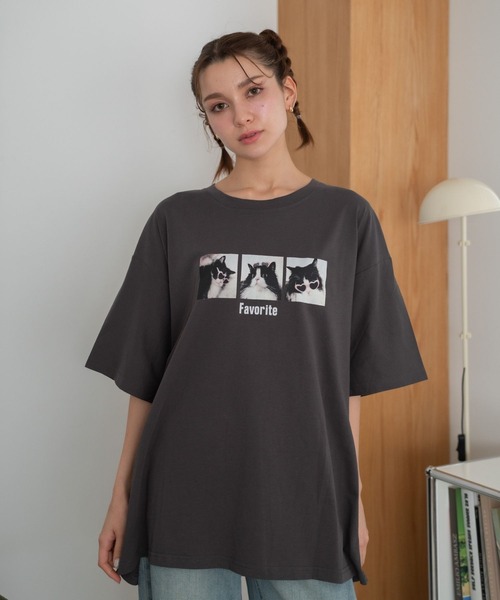 tシャツ 「洗える」JANE PACKERコラボ フォトプリント Tシャツ レディース Nu】CatフォトプリントオーバーTシャツ（Tシャツ/カットソー