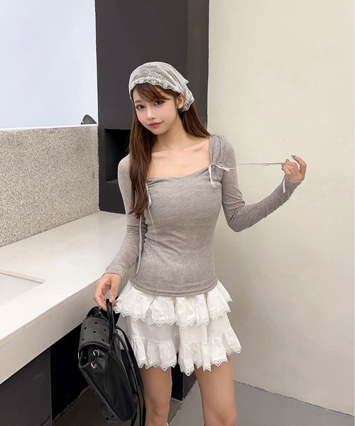 Jasmine Grandiflorum(ジャスミングランディフローラム)の「【Jasmine】リボンスリムTシャツ(Tシャツ/カットソー・レディース・ホワイト/ピンク/ダークグレー・FREE)」の17枚目の写真