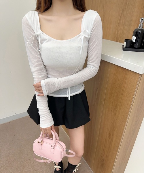Jasmine Grandiflorum(ジャスミングランディフローラム)の「【Jasmine】リボンスリムTシャツ(Tシャツ/カットソー・レディース・ホワイト/ピンク/ダークグレー・FREE)」の9枚目の写真