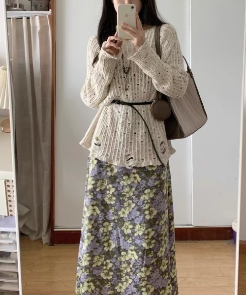 gossip!ロサンゼルス(ゴシップロサンゼルス)の「ダメージアクセント かぎ編みニットトップス(ニット/セーター・レディース・オフホワイト・M)」の6枚目の写真