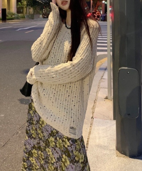 gossip!ロサンゼルス(ゴシップロサンゼルス)の「ダメージアクセント かぎ編みニットトップス(ニット/セーター・レディース・オフホワイト・M)」の10枚目の写真