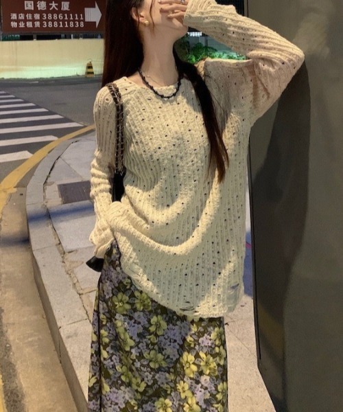 gossip!ロサンゼルス(ゴシップロサンゼルス)の「ダメージアクセント かぎ編みニットトップス(ニット/セーター・レディース・オフホワイト・M)」の19枚目の写真