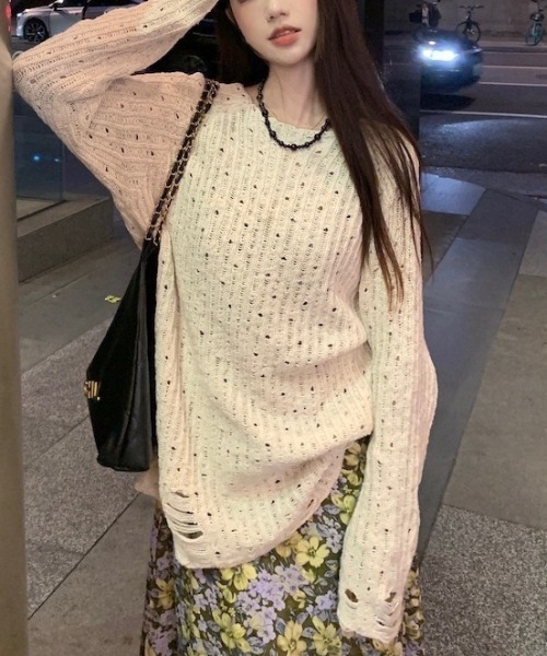 gossip!ロサンゼルス(ゴシップロサンゼルス)の「ダメージアクセント かぎ編みニットトップス(ニット/セーター・レディース・オフホワイト・M)」の21枚目の写真