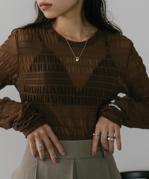 DRWCYS(ドロシーズ)の「シャーリングシアーチュールトップス(Tシャツ/カットソー・レディース・ブラウン/ブラック・FREE)」の2枚目の写真