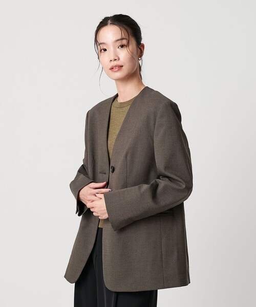 セール】ポリエステルレーヨン ノーカラー1ボタンジャケット（ノー