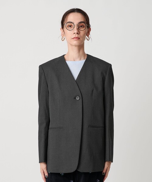 セール】ポリエステルレーヨン ノーカラー1ボタンジャケット（ノー