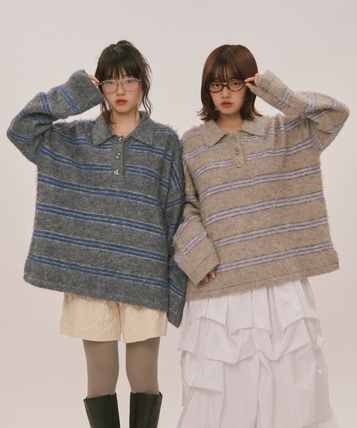loin nuit ストライプパターンボタンニット ロワンニュイ striped pattern button knit / ストライプパターンボタンニット