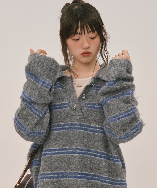 loin nuit（ロワンニュイ）の「striped pattern button knit