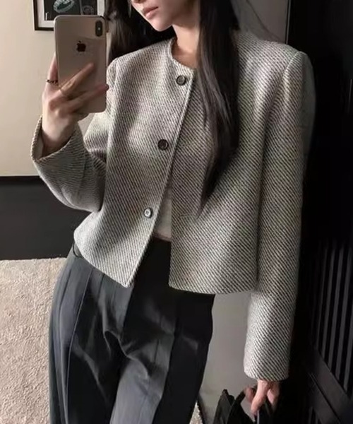 セール】ツイードノーカラークラシカルジャケット（ノーカラー