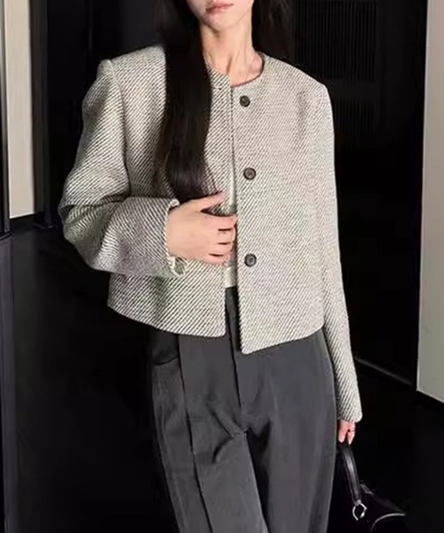 ノーカラージャケット　アイボリー セール】ツイードノーカラークラシカルジャケット（ノーカラー