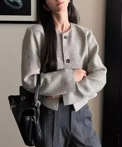 セール】ツイードノーカラークラシカルジャケット（ノーカラー