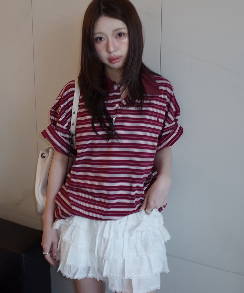 PLACE STUDIO(プレイススタジオ)の「ストライプナグランカラー ネック刺繍ピケ半袖Tシャツ _ 4COLOR(Tシャツ/カットソー・レディース・ワイン/ライトグレー/ネイビー/ブラック・FREE)」の9枚目の写真