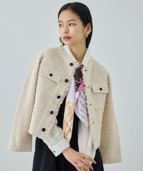 Coohem(コーヘン)の「【COOHEM(コーヘン)】BASIC TWEED VELVET JACKET(ノーカラージャケット・レディース・ネイビー/キナリ・FREE)」の8枚目の写真